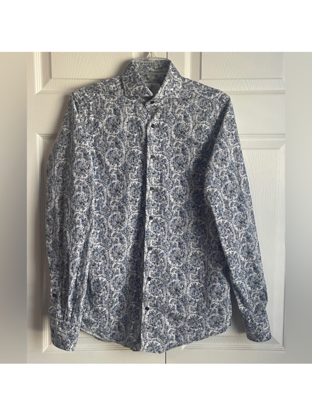 Emanuel Berg Blue Floral Print Modern Fit Long Sleeve Shirt Size 15 1/2 Medium